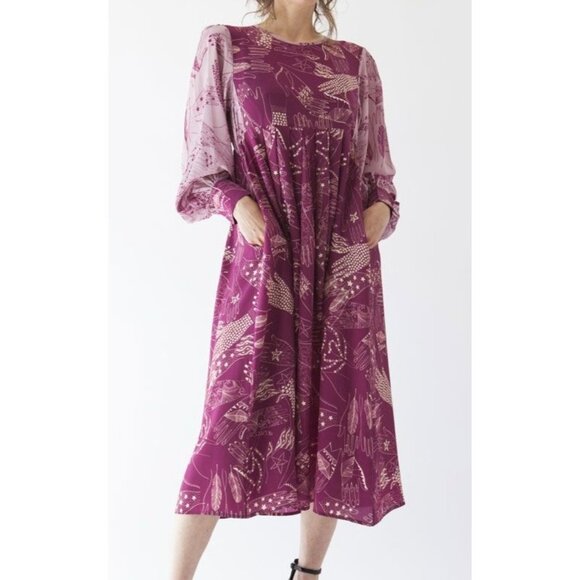 Zakee Shariff Womens 12 Silk Henna Hands Puff Sleeve Midi Dress - Picture 2 of 16